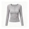 T-shirt Henley à manches longues pour femme Bouton Coquillage Épaule Normale Haut de Couche de Base
