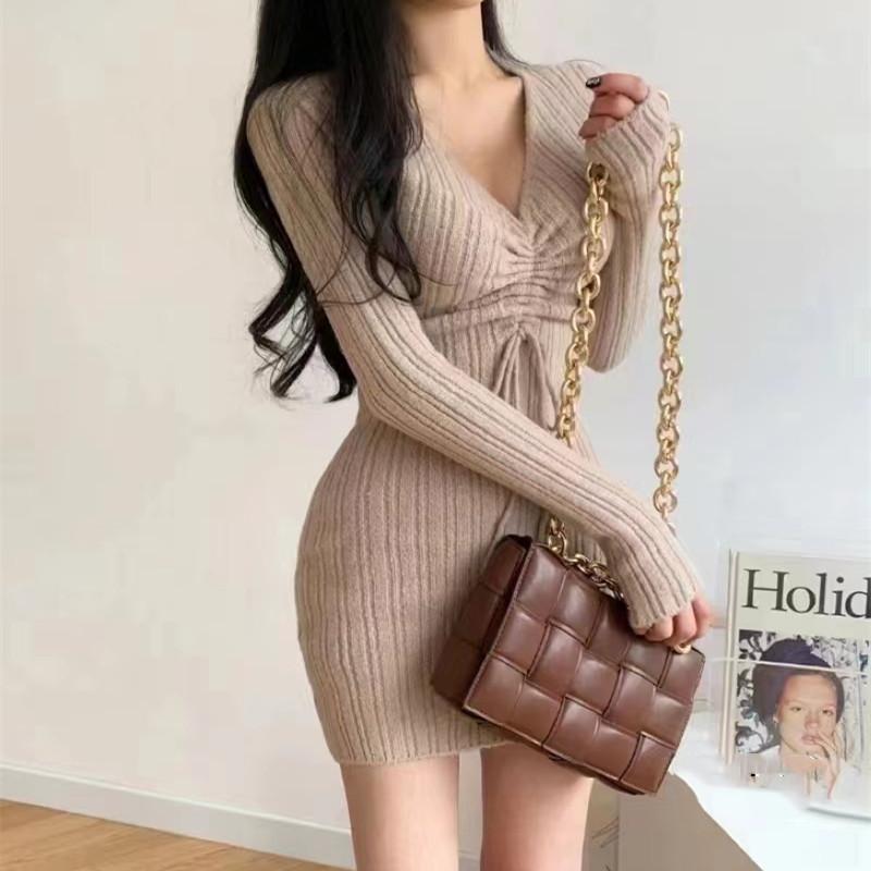 Fashion V-neck Drawstring Knitted Women Short Dress Korean Style Long Sleeve Bodycon Party Dresses Spring Autumn Hip-wrapped Casual Elegant Clothing