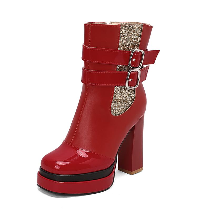 

ANNYMOLI Women Ankle Boots Square Toe Block High Heels Buckle Zipper Platform Short Boots Ladies Fashion Shoes Autumn Winter 43 39 червоний