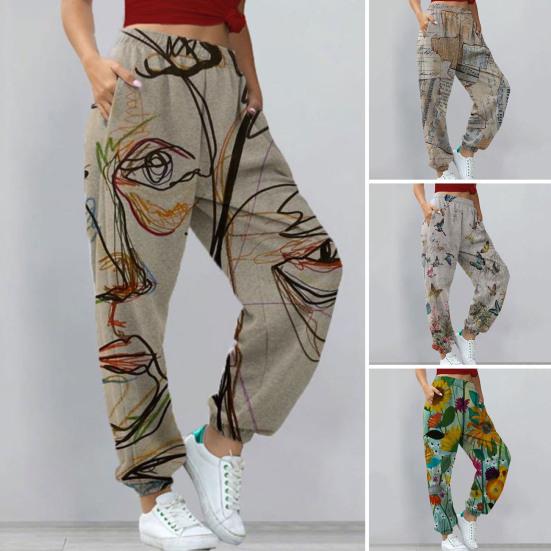 

Женские брюки с эластичной резинкой на талии и абстрактными узорами, не выцветают, против морщин, повседневные брюки из полиэфирного волокна с принтом на шнуровке, повседневная одежда