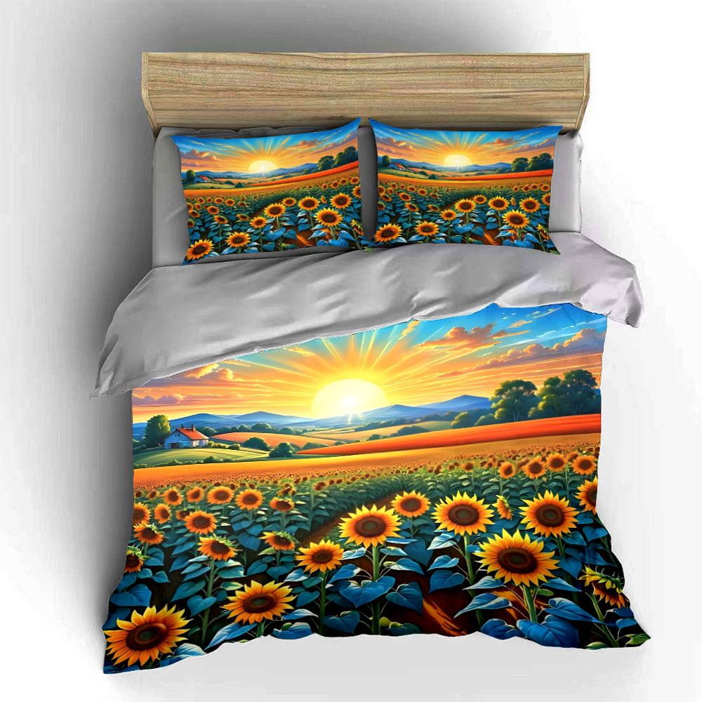 Sunflowers and Sunrise Landscape Bedding Duvet Cover Set (1*Duvet Cover 2*Pillowcases, without duvet insert)