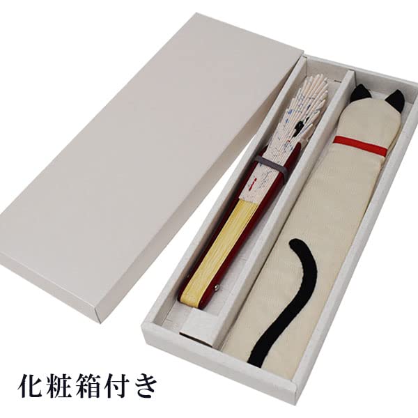 Kimono Cool Play Fan and Fan Case Shell Glossy White with Gift Cat Design [Stylish Iroha] Set, Shape, Finish, Bamboo, Box, (Beige)