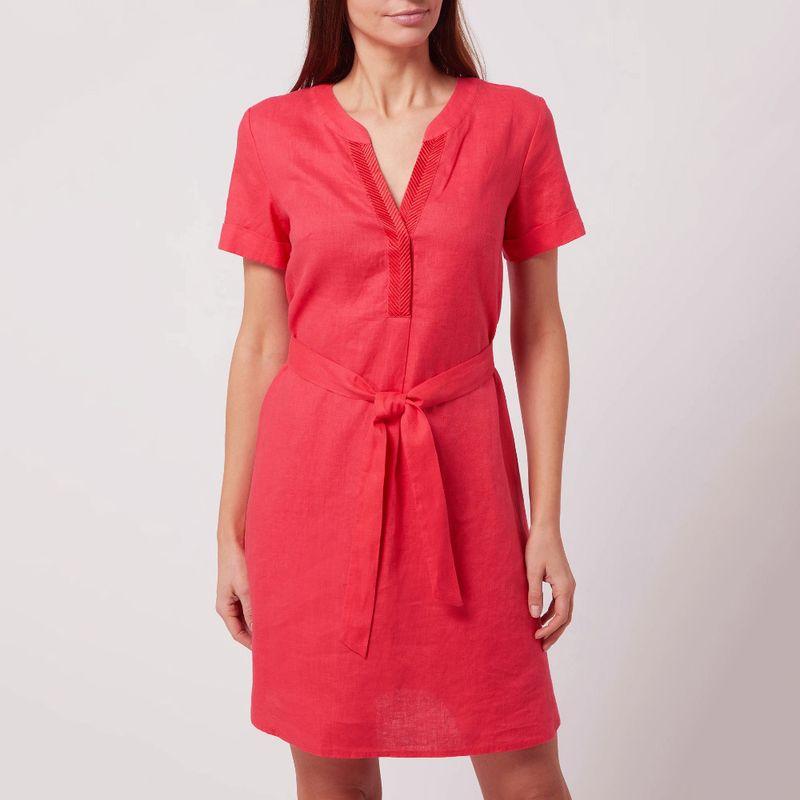 

Good Fabric Excellent Cutting Pure Yuan Single 100% Pure Linen V Neck Loose Short Sleeve Dress Watermelon red (lack of Belt) 34