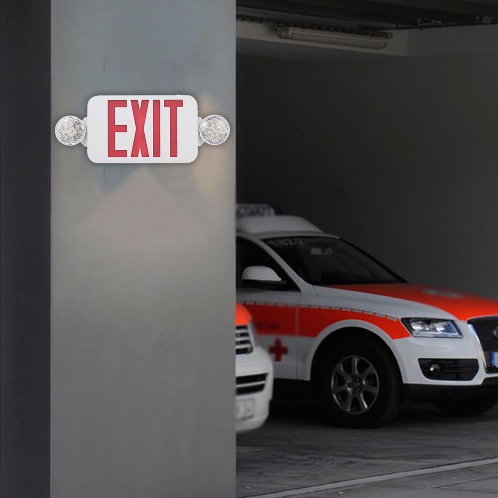 AC120/277V Red Exit Sign LEDs Combo Emergency Light with Adjustable Two Head Backup Batterys Wall