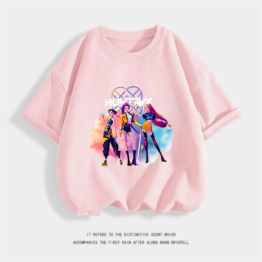 Girls Short Sleeve Cartoon Fashion Summer Wear 2026 Trendy Clothing Kpop Demon Hunters Huntrix T-shirt Pure Cotton Tees