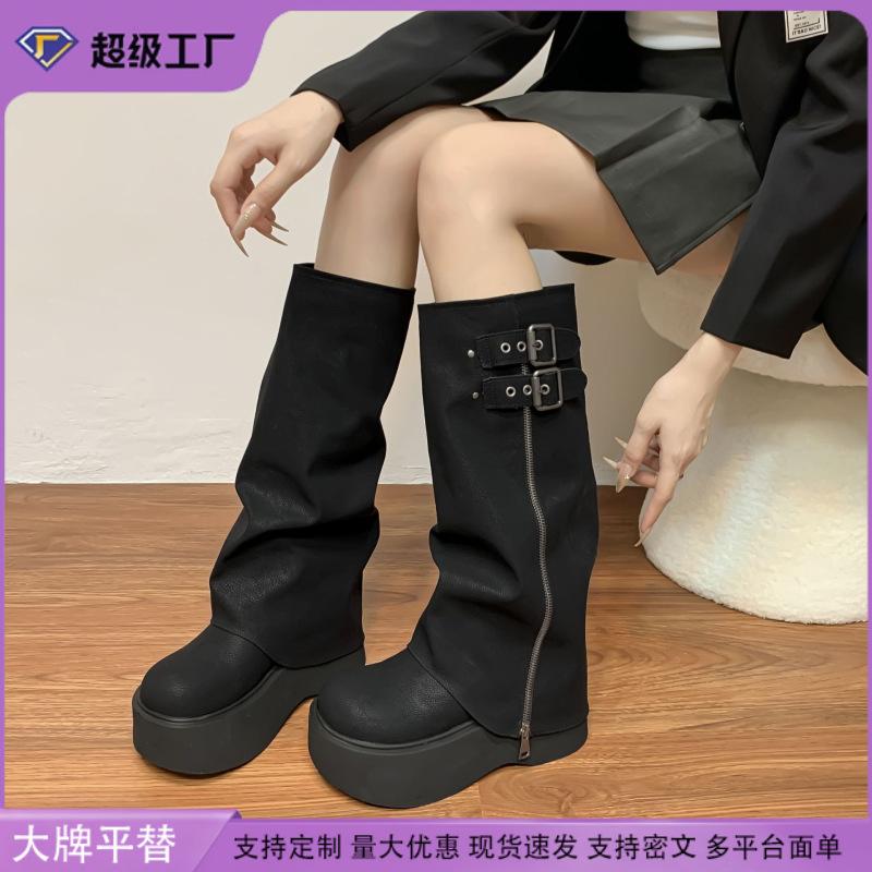 2025 bottes cuissardes pantalon long fermeture éclair latérale bottes à plateforme polyvalentes petit homme semelle épaisse augmentation de la hauteur bottes fines pour femmes bottes version coréenne