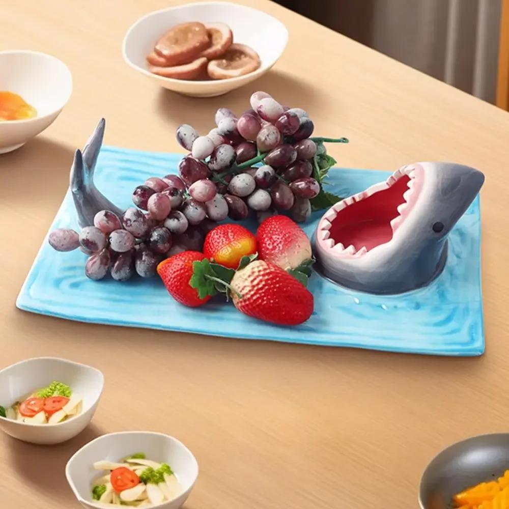 Japanese Style Sushi Serving Plate Independent Sauce Area Dumpling Plate Shark Ceramic Plate  Meal