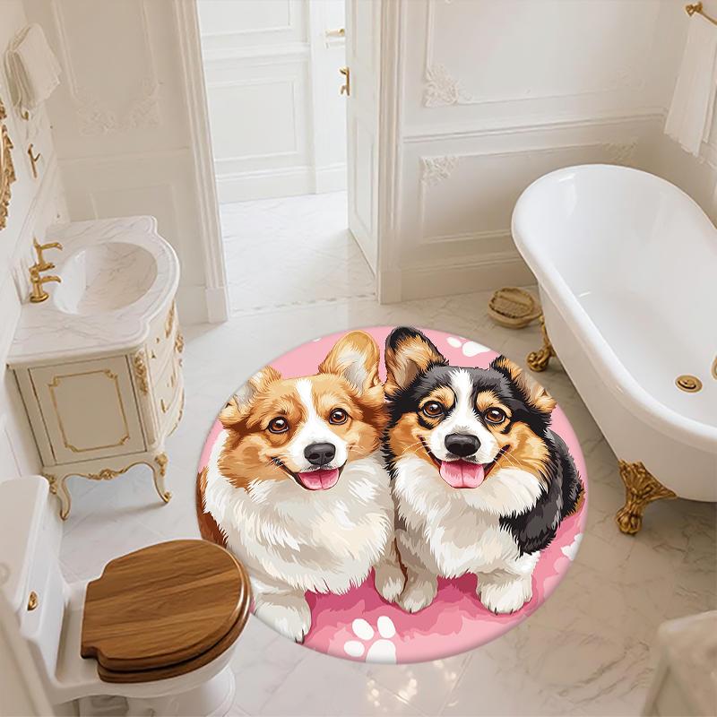 Pink Corgi pattern round rug,Carpet Rug for Living Room Bedroom  Playroom ,Non-slip Floor Mat,Holiday Gifts and Birthday Gifts.