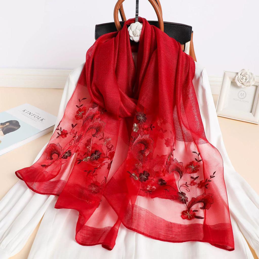 Silk Women Scarf Warm Wool Shawls Lady Wraps Floral Pashmina Embroidery Scarves Foulard Hijab New Long Female Hair Bandana