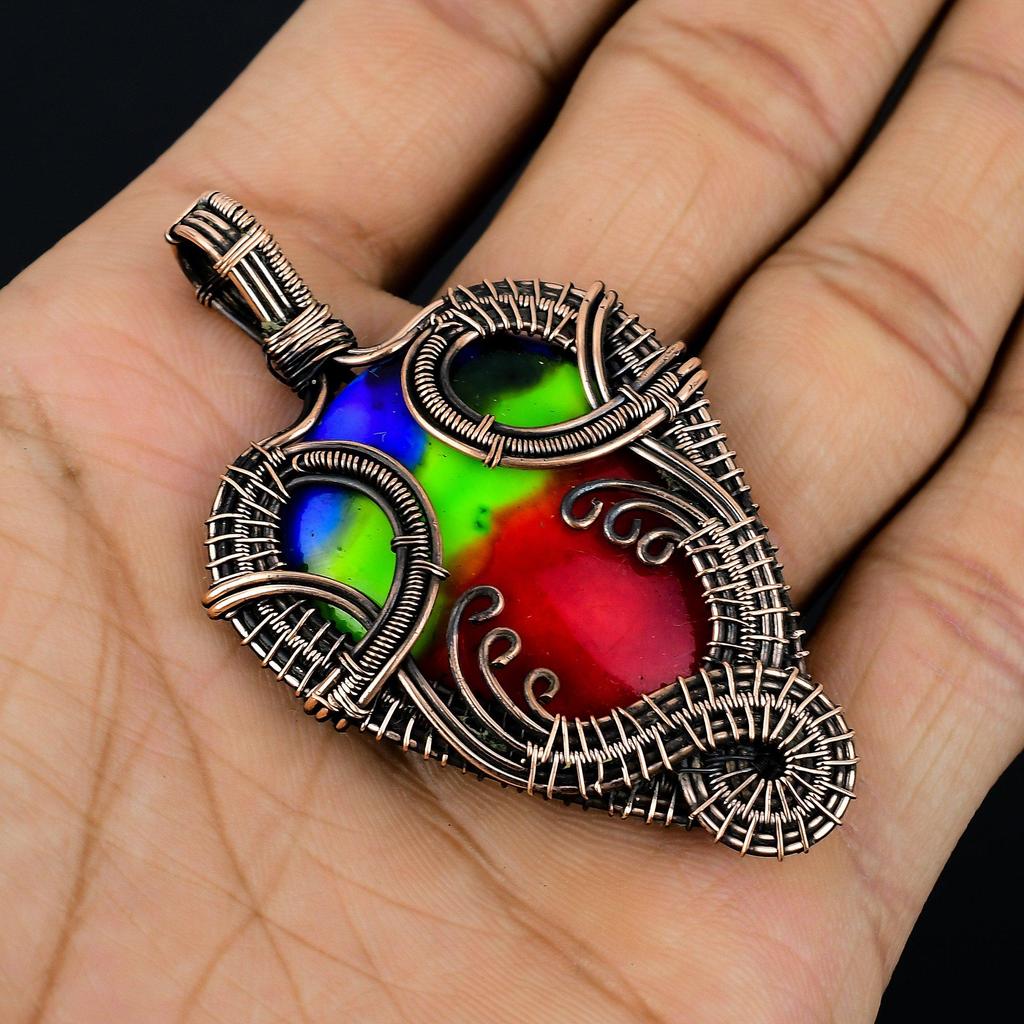 Ammolite Pendant Gemstone Handmade Jewelry,  999 Copper Wire Wrapped Pendant, Gift For Wife Jewelry