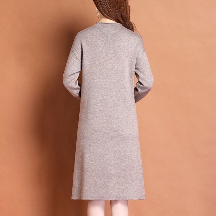 Women's Crew Neck Plus Size Knit Dress Autumn and Winter Color-Block Pullover Sweater Dress Over-the-Knee Mid-Length Knit Sweater