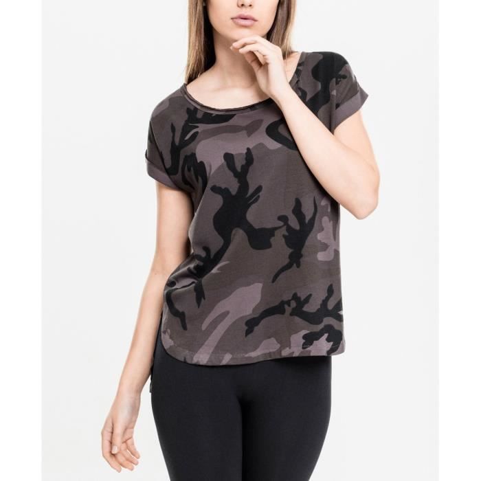 T-shirt HiLo - Urban Classics - Camo - Femme - Col large - 60% coton, 40% polyester