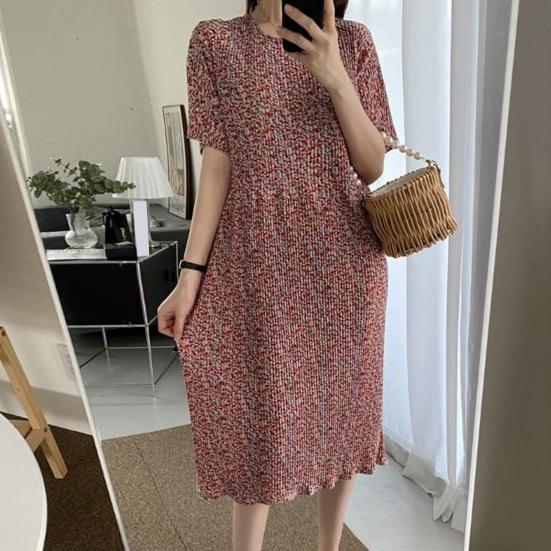 Summer Women Dress Small Flower Print Crew Neck Loose Short Sleeves Pleated Mid-calf Length Pullover Shopping Midi Dress