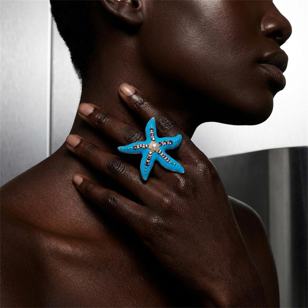 Bohemian Enamel Starfish Rings for Women Colorful Rhinestone Ocean Sea Star Pearl Finger Ring Summer Vacation Charm Jewelry Gift