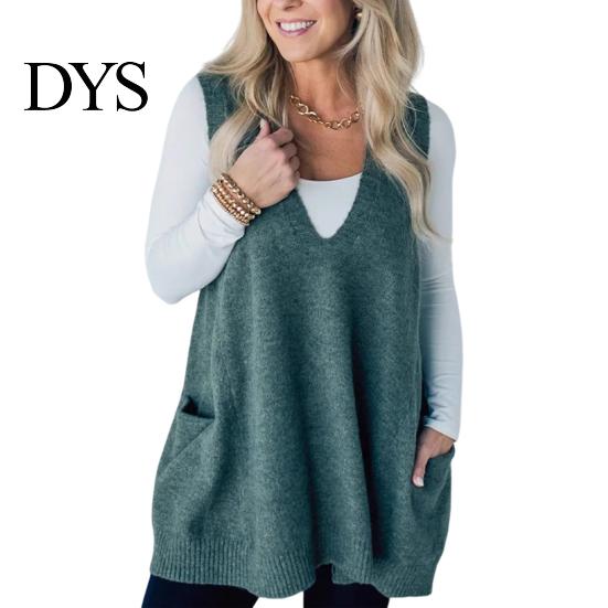 Sand Line Texture Vest Women Sweater V-neck Sleeveless Pockets Mid-length Knitting Jumper Tops Solid Color Autumn Winter Casual Knitwear Season