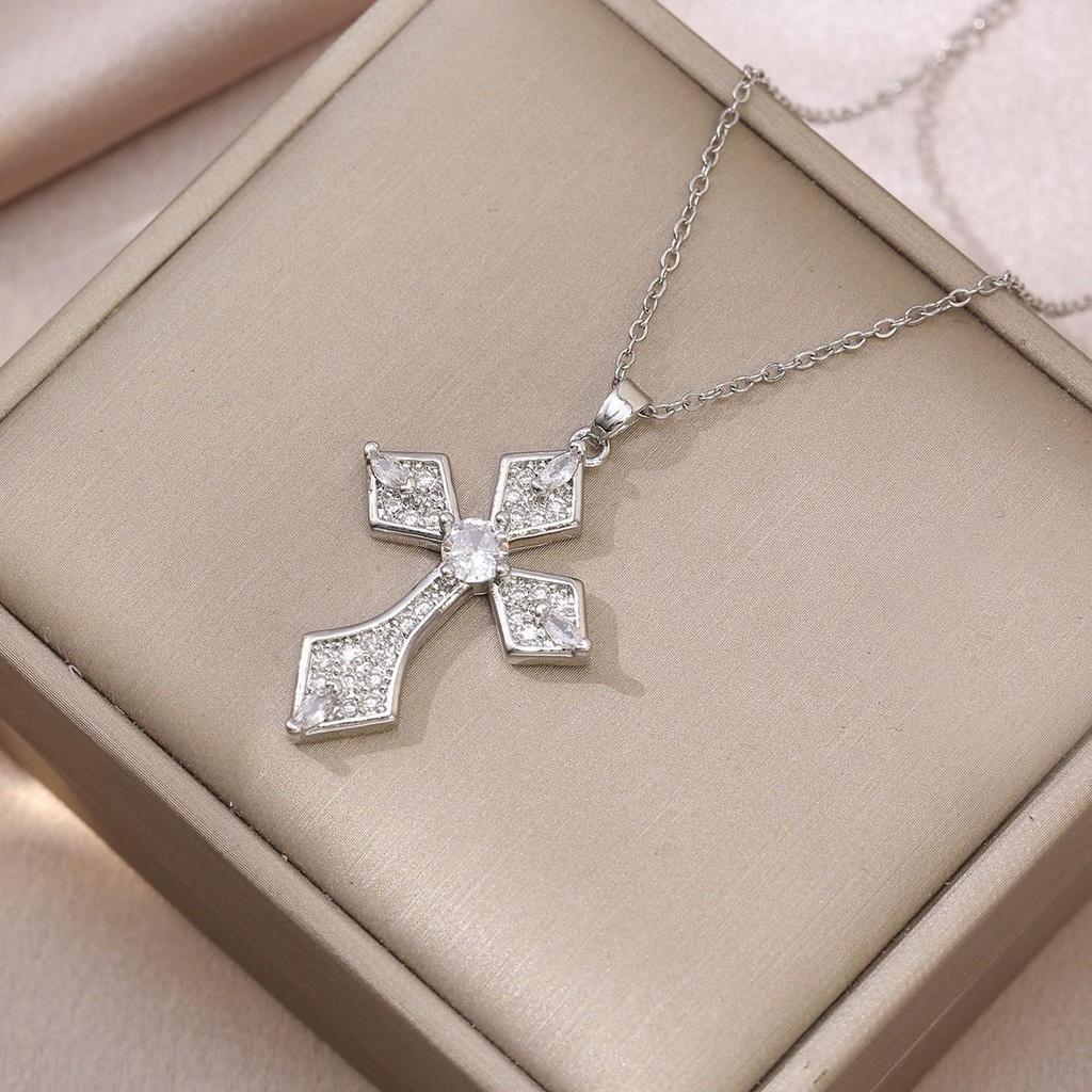 Damen Bunte Zirkon Kreuz Halskette - Nischendesign mit Voll-Diamant-Anhänger an Edelstahlkette