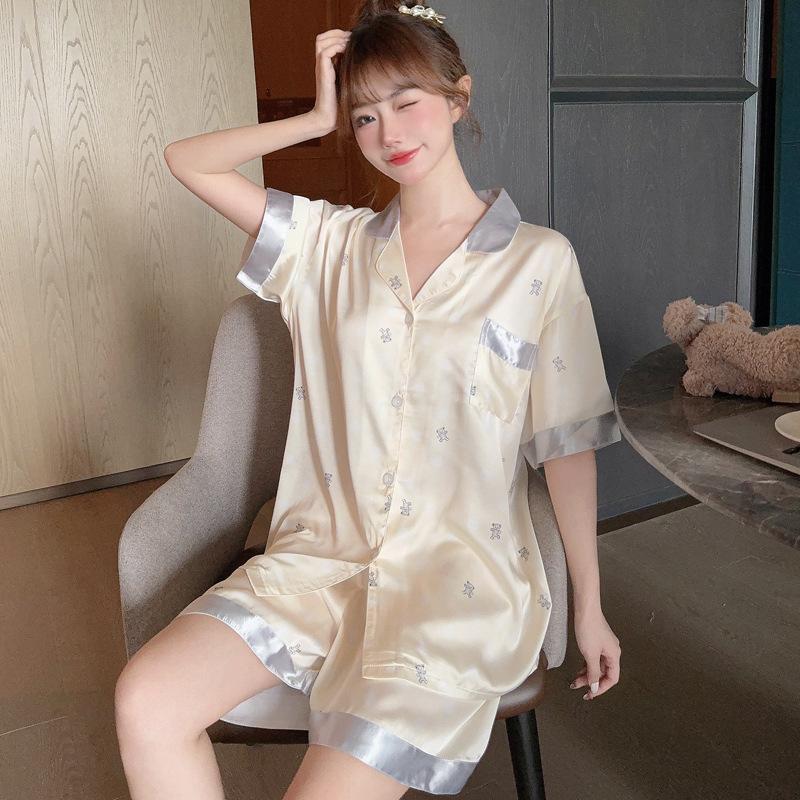 Fashion Sweet Bubble Bear Girl Loungewear Spring And Summer Cold Silk Short Sleeve Three-Piece Set