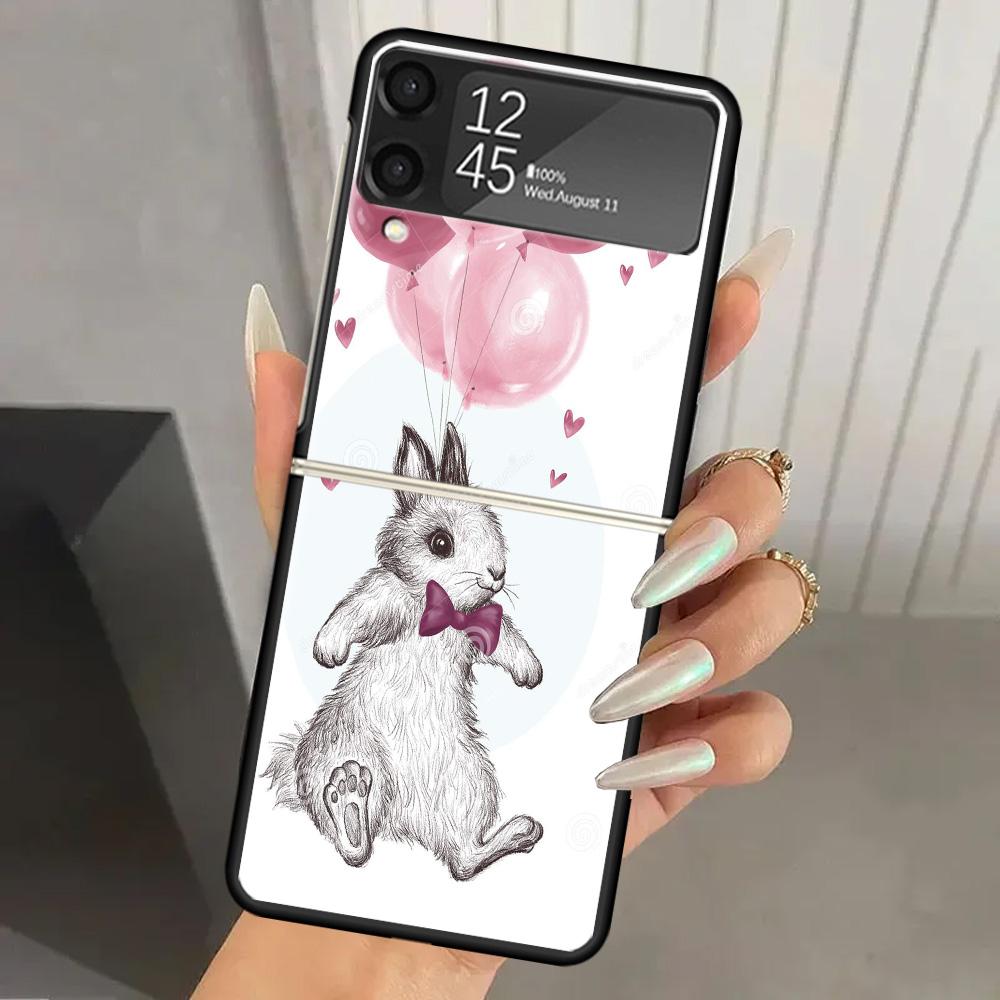 Süßes Kaninchen Baby Kaninchen Harte PC Handyhülle Für Samsung Galaxy Z Flip 6 5 4 3 Schwarze Hülle ZFlip6 Flip5 Flip4 5G Faltbar Druck Ca