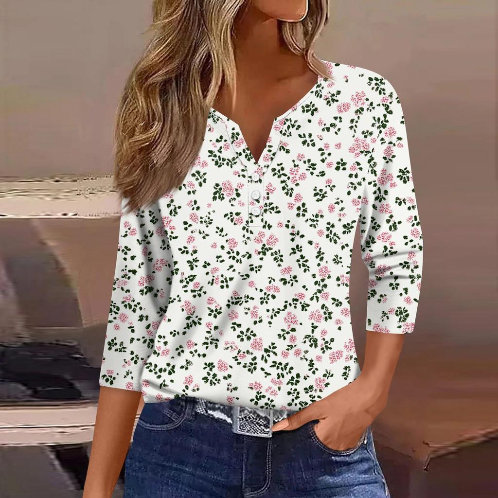 Women's T Shirt Tee Print Button 3/4 Sleeve Daily Weekend Fashion Basic V Neck Regular Top
