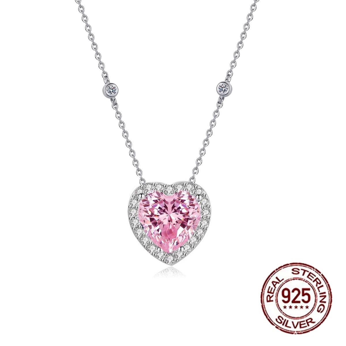 925 Silver Pink CZ Heart Pendant Necklace, Rhodium Plated, Elegant Woman Jewelry