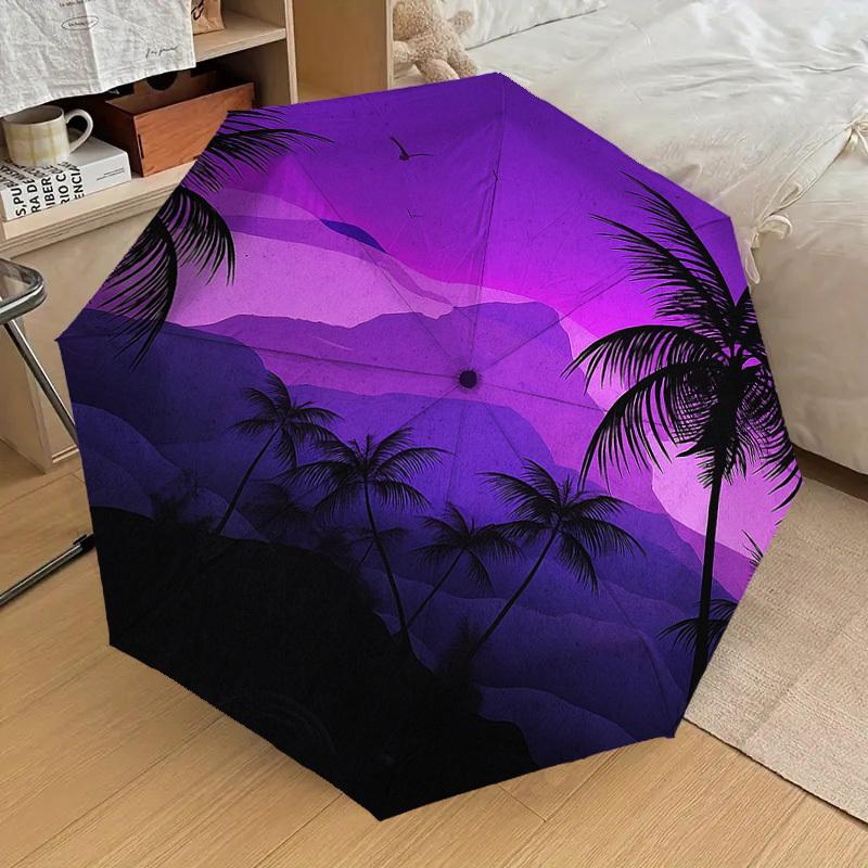 1PC Palm Trees Purple Landscape Pattern Small Travel Compact Windproof Umbrella, Automatic Folding Umbrella, Automatic Open/Close ,Gift-171