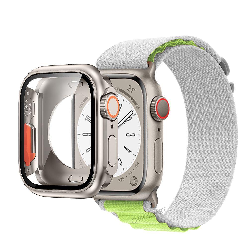 Correa de nailon con cubierta de vidrio para Apple Watch, carcasa de 44mm, 45mm, 40mm y 41mm, Protector de pantalla con correa, IWatch Series 56 Se 7 8, giro a Ultra
