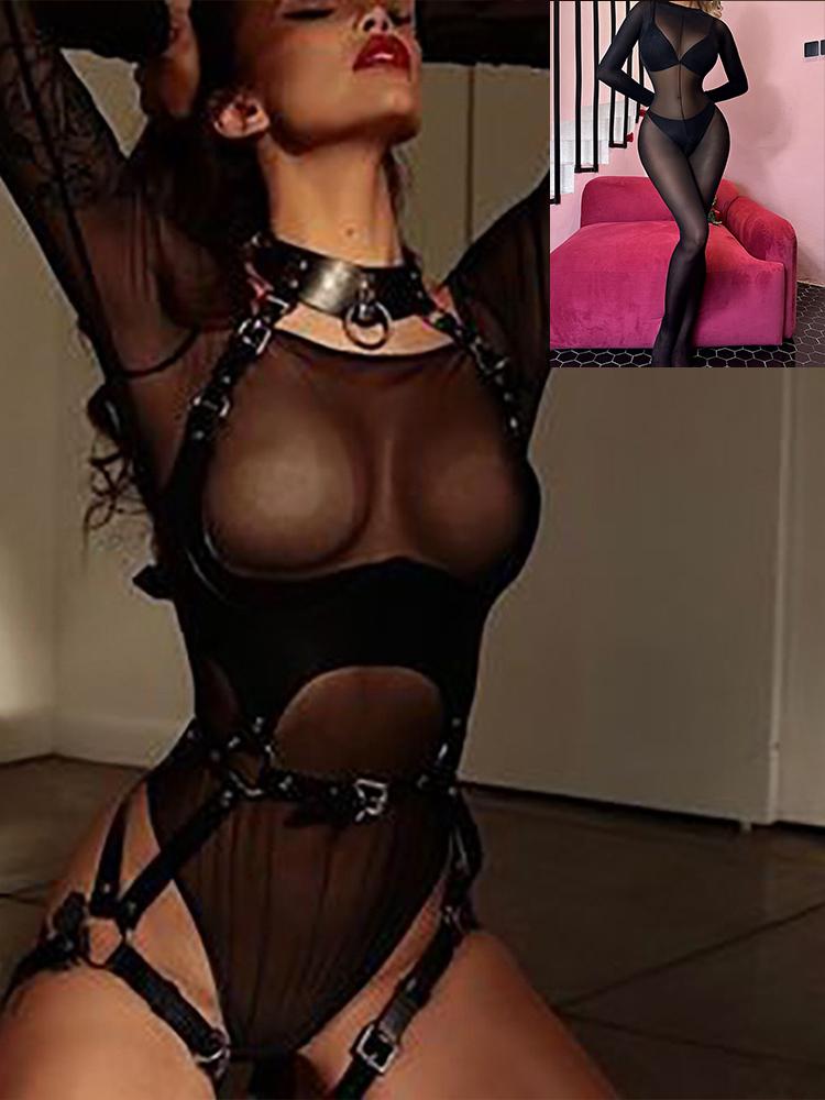 Sexy Bondage Lingerie Outfit Leather with Bodystockings  Adjustable Garter Full Body Harness Gothic Sex Product Erotic Set