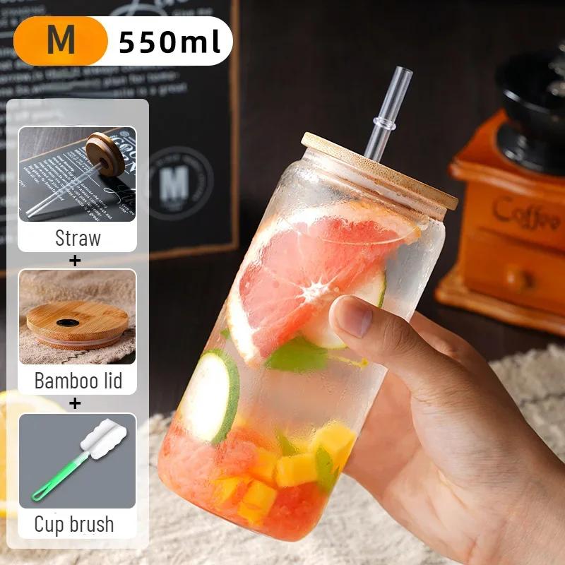 Drinking Cup Glasses with Bamboo Lid Juice Glass Straws Beer MugIce Coffee Mugs Cute Glasses Beer Jars Glasses Brush Drinkware