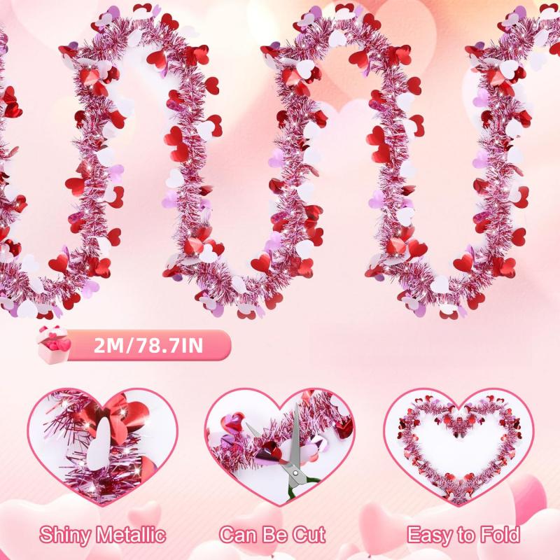 2M Valentines Heart Tinsel Garland Decorations, Valentines Day Red Pink White Metallic Garland Valentine's Day Decorations