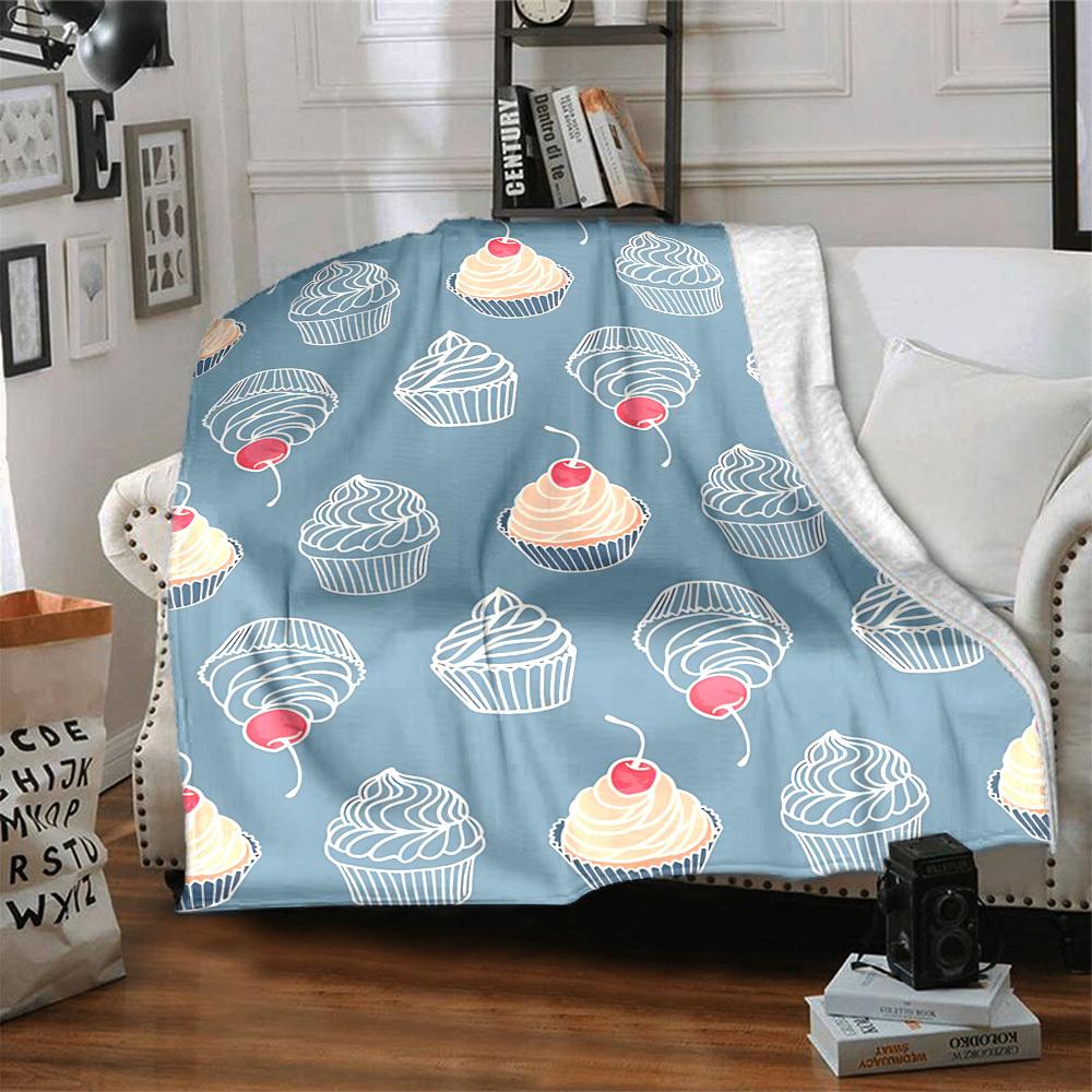 1pc Cupcake Cherry Lightweight Flannel Blanket, Comfortable and Warm Blanket, for Office and Camping Sofa Bed, Livingroom181