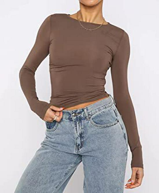 2023 Women's Autumn Slim Fit Irregular Long Sleeve T-Shirt - Solid Color, Round Neck