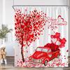 Valentine'S Day Shower Curtain Red Heart Rose Flowers Bicycle Petals Lovers Gift Fabric Home Bathroom Curtains Decor With Hooks