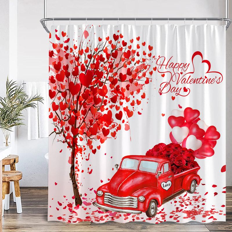 Valentine'S Day Shower Curtain Red Heart Rose Flowers Bicycle Petals Lovers Gift Fabric Home Bathroom Curtains Decor With Hooks