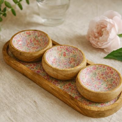 Mango-Holzschalen-Set, Handbemalte Keramikschalen mit Blumen