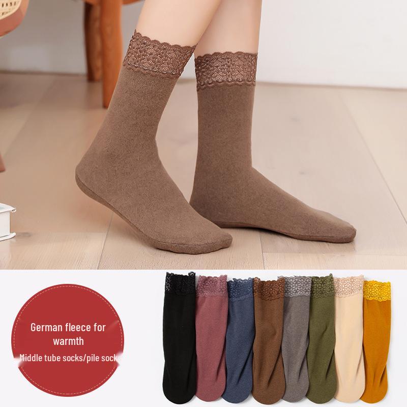 Women's Non-Slip Thermal Velvet Lace Trim Mid-Calf Socks - Cold-Resistant, Thickened Cotton for Autumn and Winter