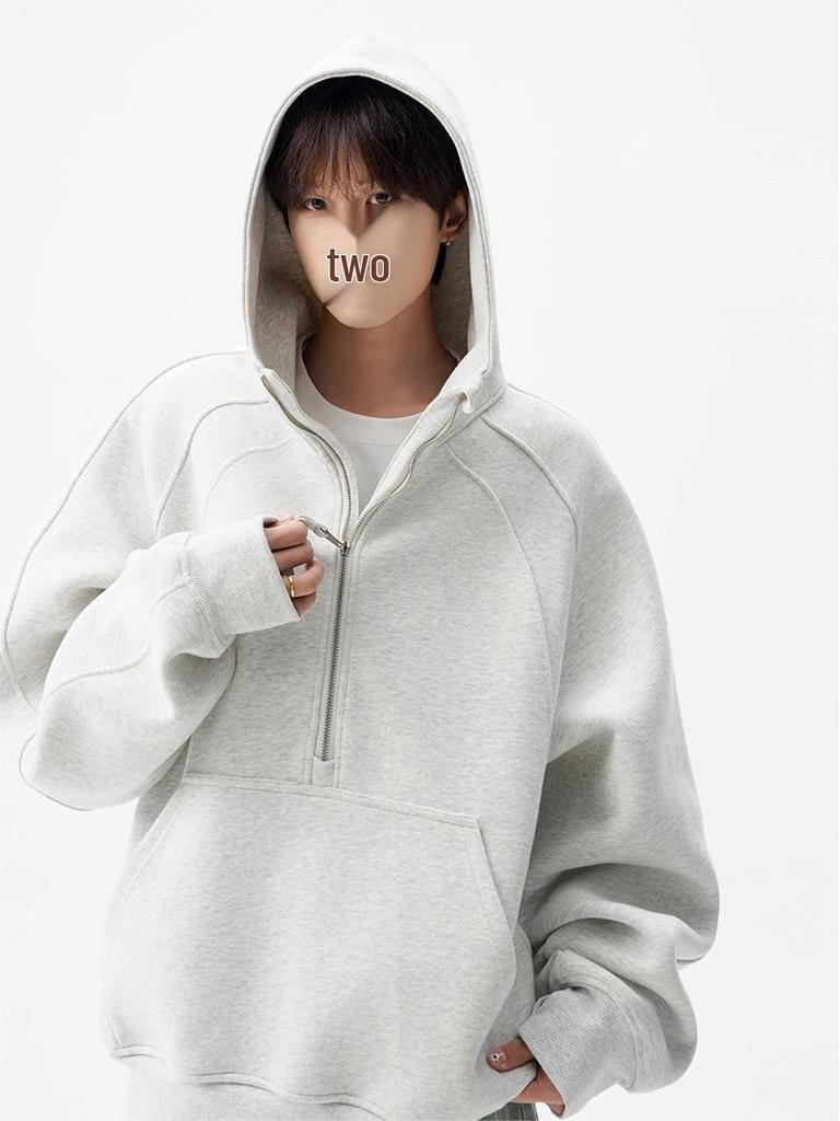 Men's Heavyweight High Street Half-Zip Hoodie - Autumn/Winter Casual Loose Fit Sweatshirt