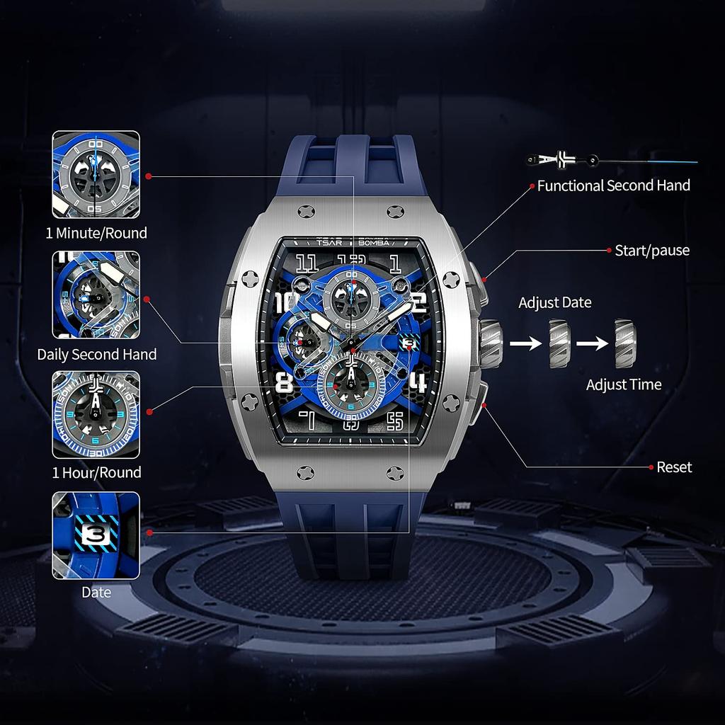 TSAR BOMBA Men's Watch 50M Water-Resistant Tonneau Dial Luxury Sapphire Crystal Silicone Strap