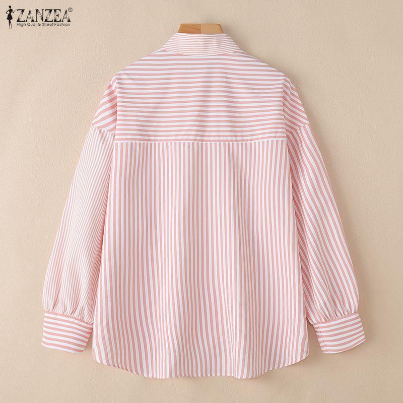 ZANZEA Damen Kentkragen Langarm Lässige Gestreifte Bluse