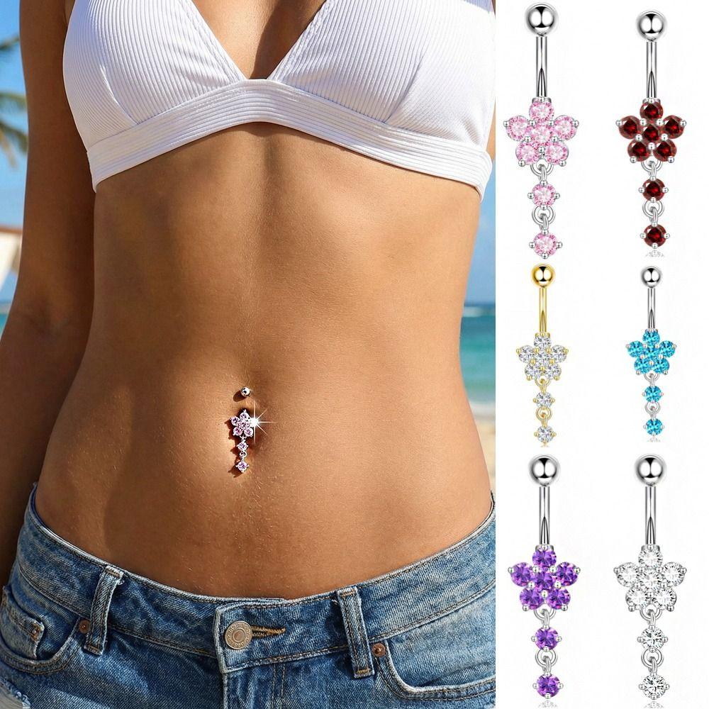 Rhinestone Flower Pendants Belly Button Ring Stainless Steel Body Piercing Jewelry Girls