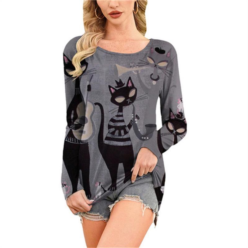 Модная удобная универсальная женская футболка с принтом мультяшного кота с круглым вырезом — фото 19