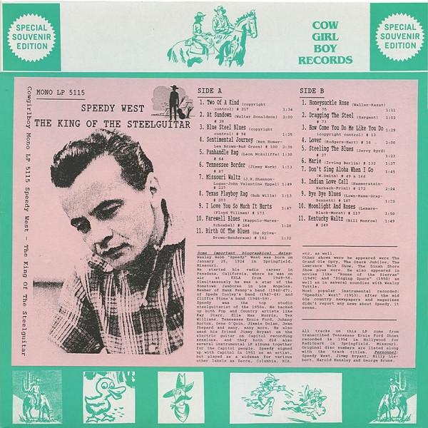 LP Record SPEEDY WEST  The King Of The Steelguitar LP5115 Cowgirlboy Reco Germany CountryFolk Used