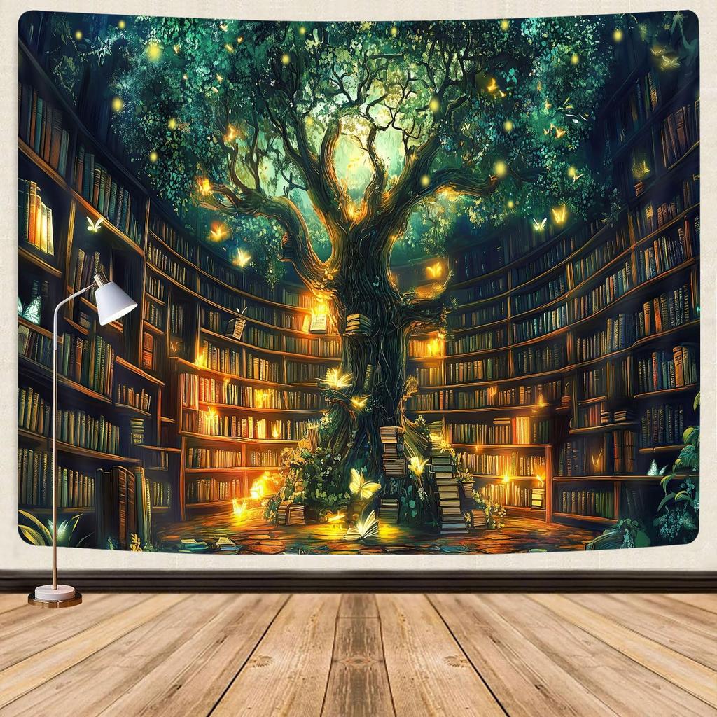 Fantasy Bibliothek Wandteppich für Klassenzimmer, Mystischer Baum Magisches Bücherregal Ästhetische Wandteppiche, Hexen Märchenbaum Vintage