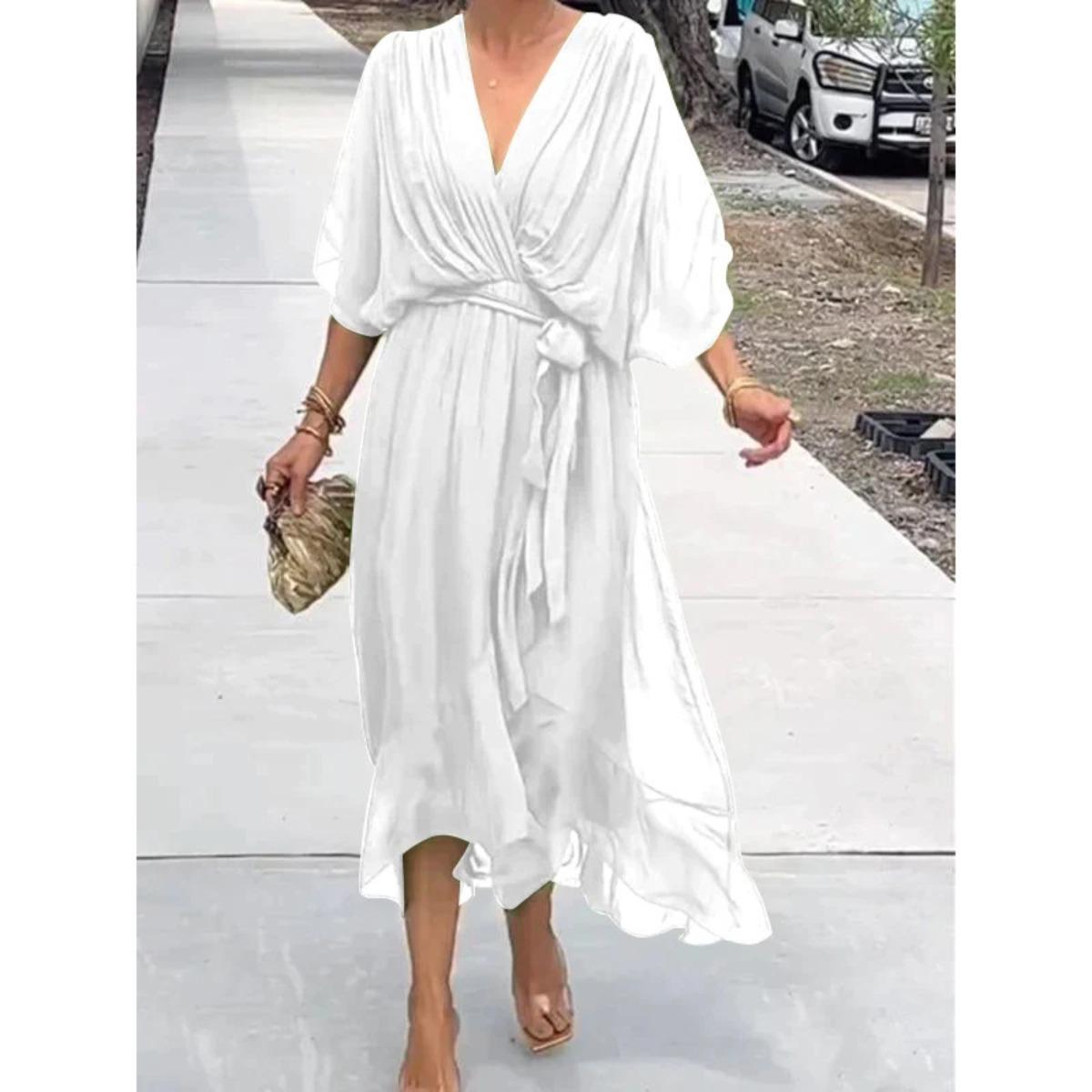 Women s V Neck Short Sleeve Maxi Dress Loose Fit Mid Waist Elegant Wrap Tie Irregular Hem Chiffon Sundress S