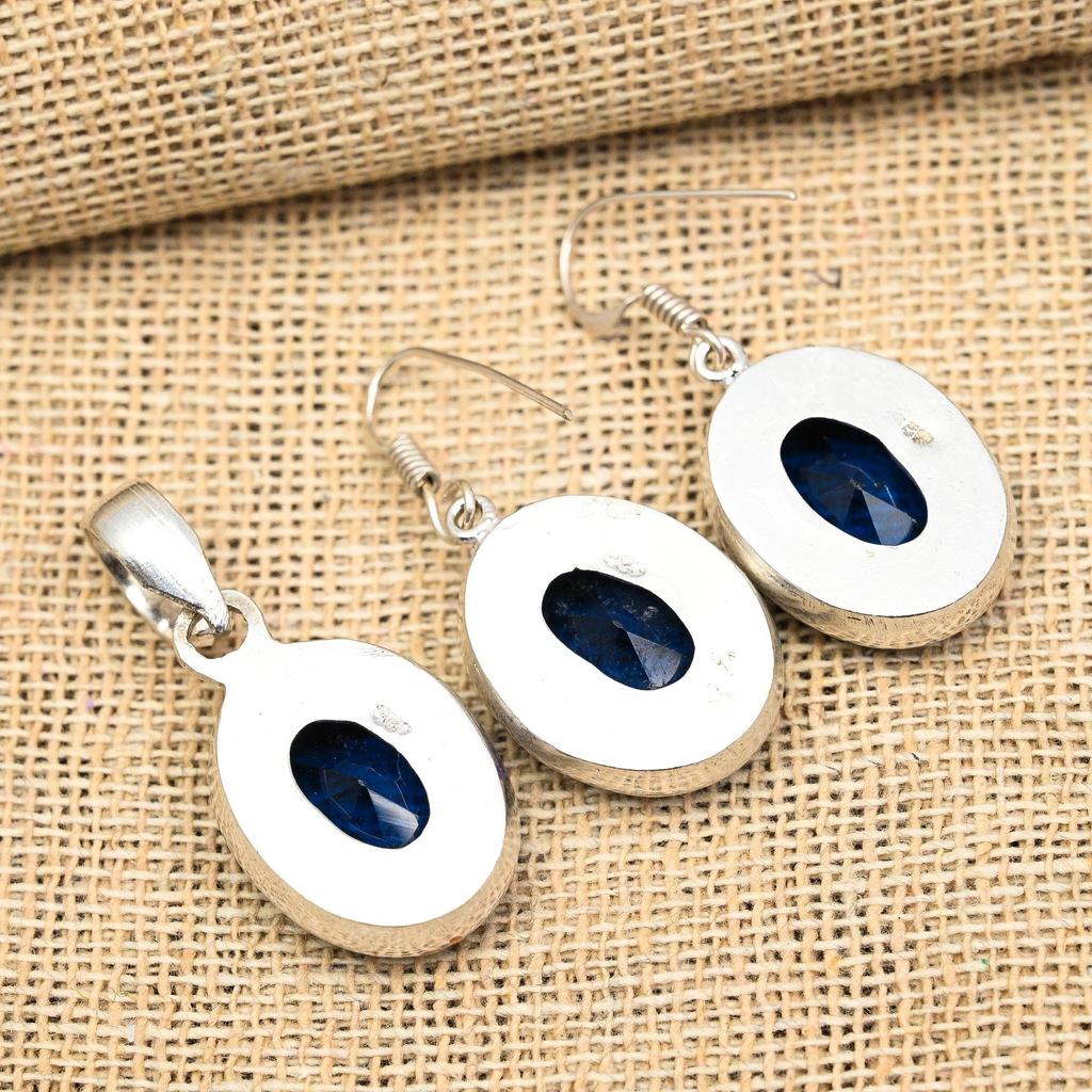 Blå safir, lablaget edelsten i 925 sterlingsølv, anheng og øredobber til kvinner