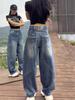 2025 Plus Size American Style Wide-Leg Jeans for Women - Slimming Straight Cut Long Pants, Autumn/Winter Collection.