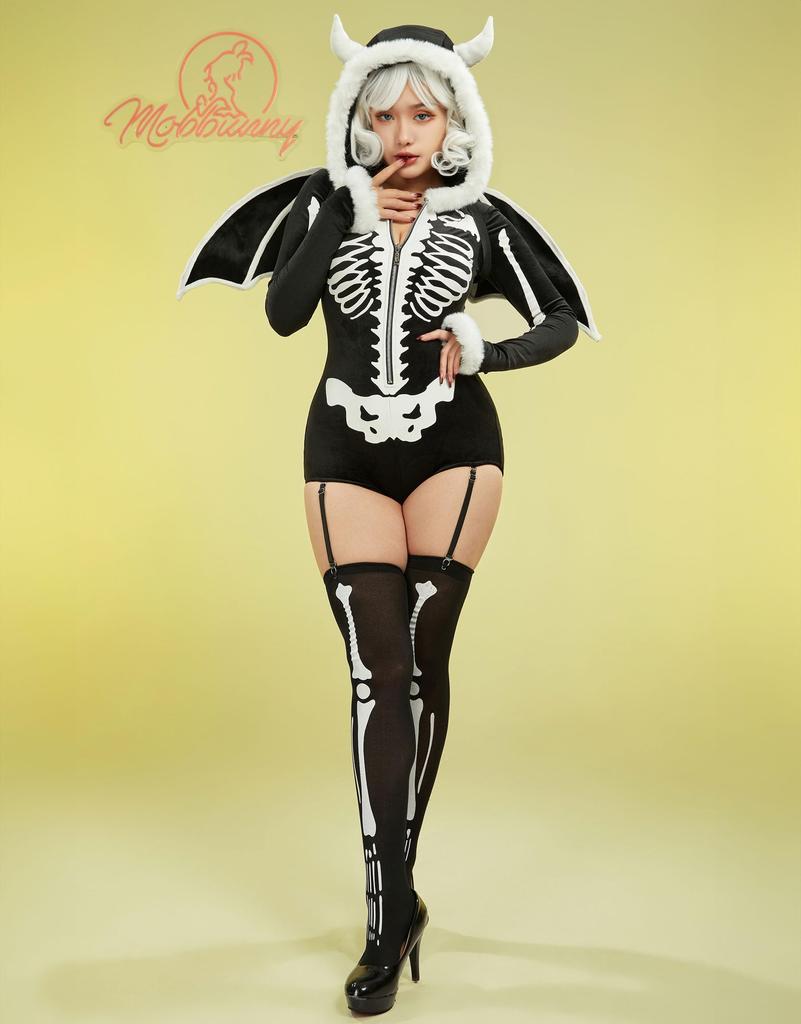 Mobbunny Gotik Güzellik Kurukafa İskelet Sevimli Kıyafet Siyah Kadın Kostümü, Cosplay, Anime, Oyun, Ev Giyim, Pijama, Body, Leotard, Kapüşonlu, Baskılı,