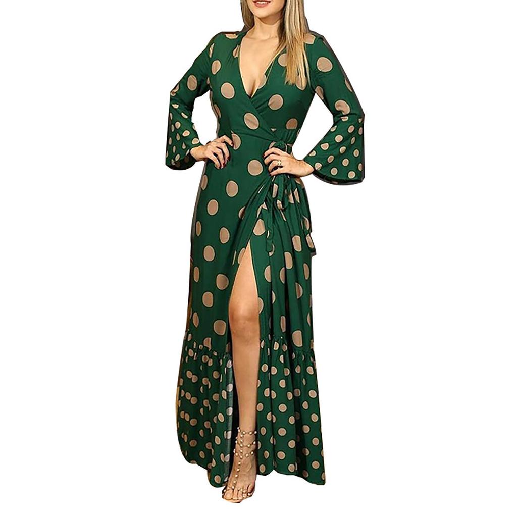 Women's Fashion V-neck Long-Sleeved Print Oversized Strappy Long Dresses