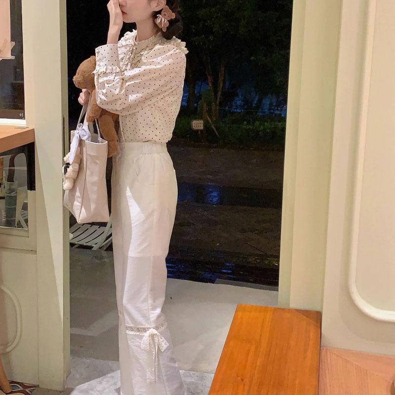 Sweet Drawstring Polka Dot Blouse Women's Clothing Bow Stylish Ruffles Spliced Basic Spring Autumn Japan Style Long Sleeve Shirt