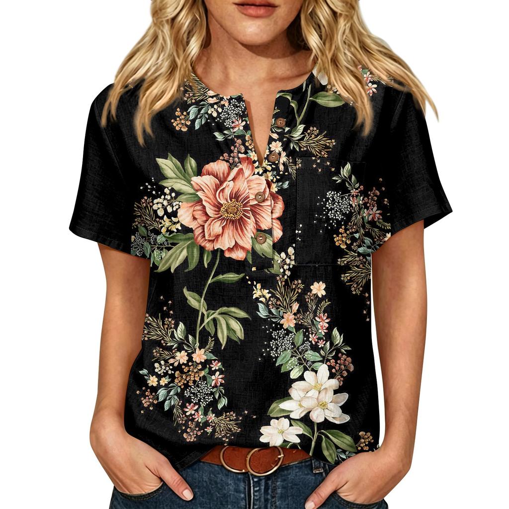 Damen Kurzarm Hemd aus Baumwolle und Leinen mit Modischem Print Henley Knopfleiste und Brusttasche für Freizeitkleidung
