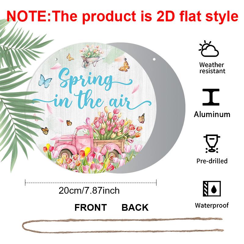 2D Flat, 1pc Round Aluminum "Spring in the Air" Sign, Pink Truck & Tulip Watercolor Metal Wall Art, Butterfly Floral Design, Waterproof & Durable